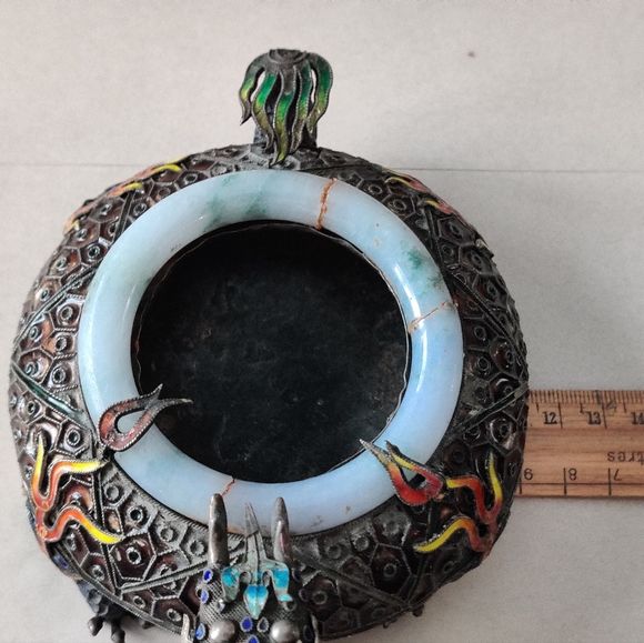 Chinese Export Dragon Ashtray Sterling Silver Enamel Jade Rim 332gr - Picture 6 of 16